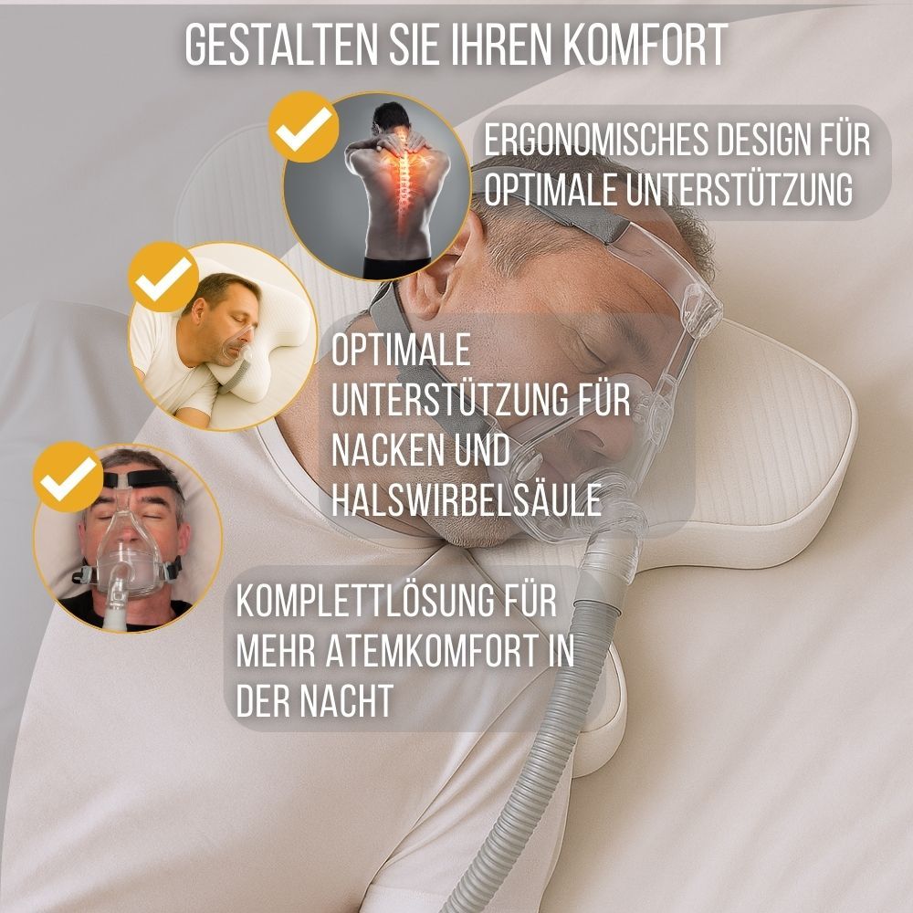 Mann mit CPAP-Maske auf ergonomischem Kissen. Illustrationen zeigen optimale Unterstützung für Nacken und Hals.