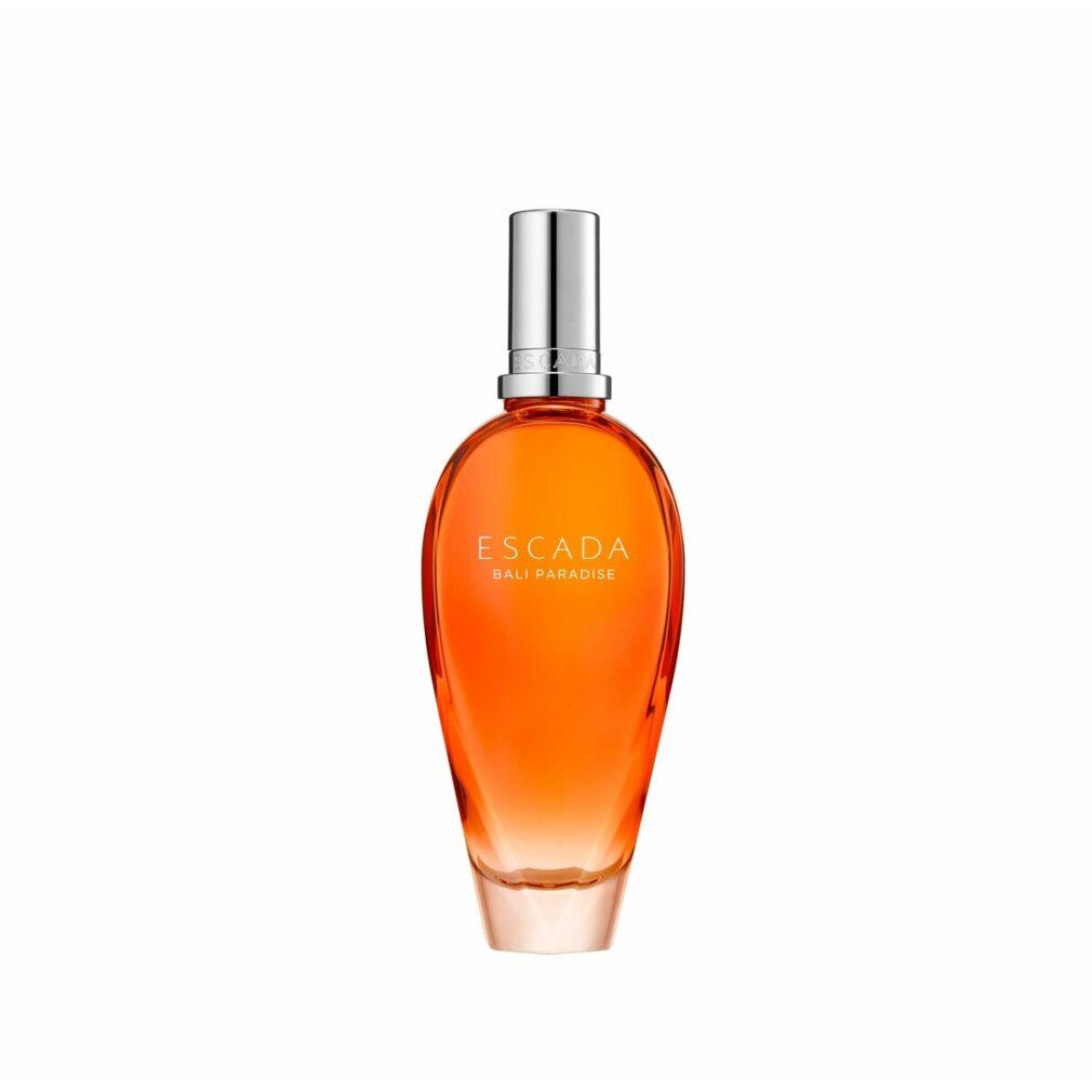 Escada Bali Paradise Eau De Toilette Spray. Orangefarbener Flakon mit silbernem Verschluss. Aufschrift: Escada Bali Paradise.