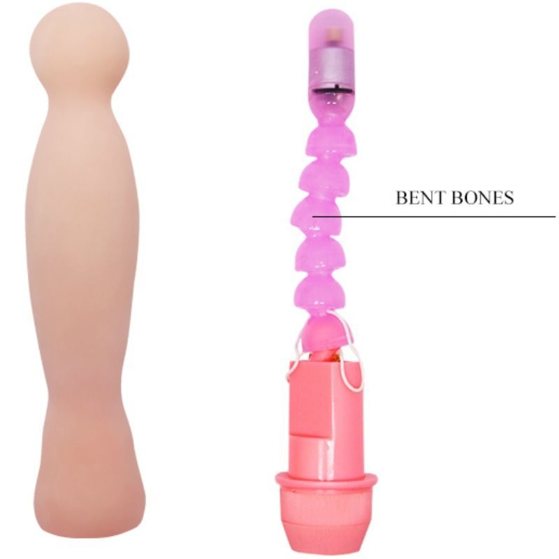 Vibrator in Hautfarbe und pinkfarbener Vibrationsmechanismus mit der Aufschrift "BENT BONES".