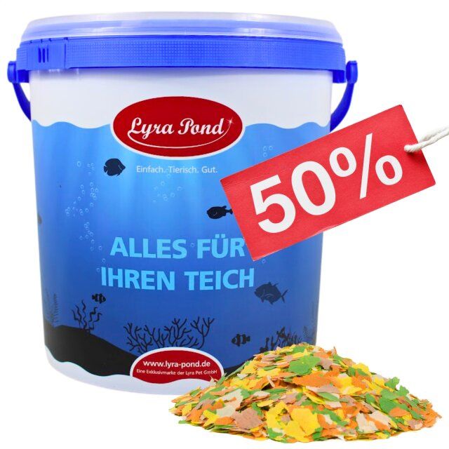 Eimer mit Lyra Pond Multi Flakes und 50% Rabatt-Etikett. Aufschrift: Alles für Ihren Teich.