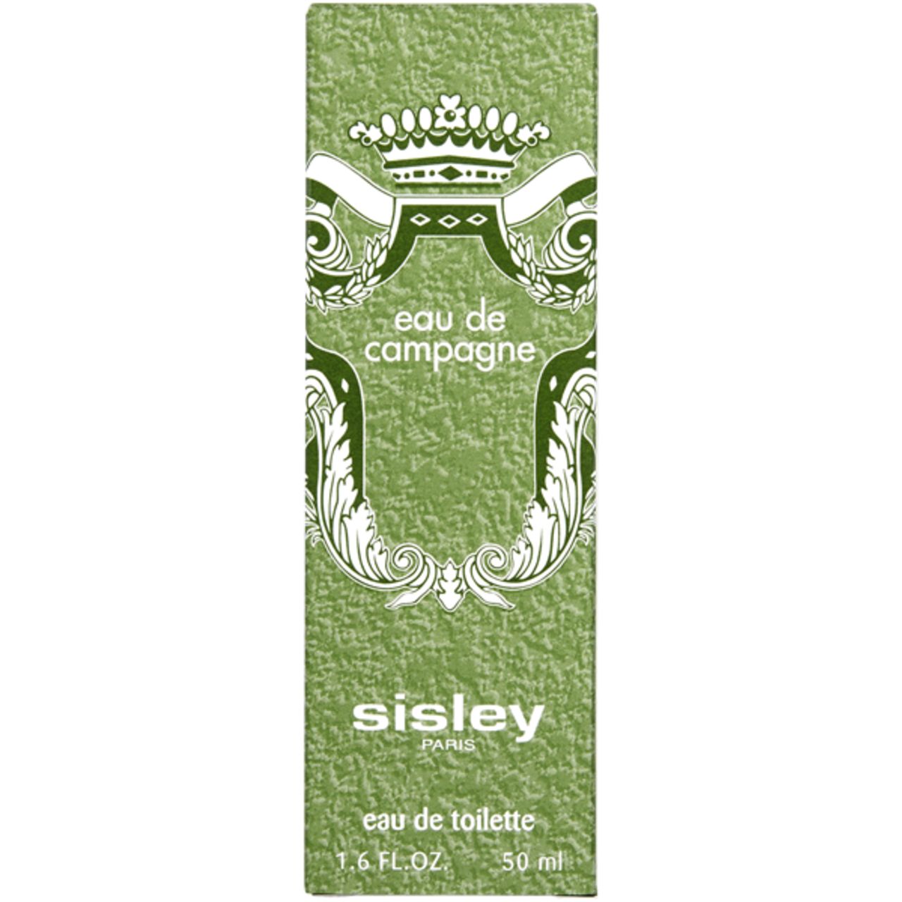 Grüne Verpackung für Eau de Campagne. Rechteckig, mit grünen Verzierungen und Schriftzug Eau de Campagne, Eau de Toilette, Sisley.