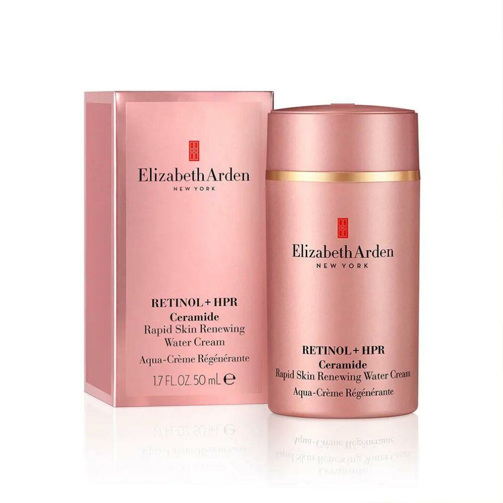 Rosa Creme-Tube und Schachtel. Elizabeth Arden, Retinol + HPR Ceramide, Aqua-Crème Régénérante. 1.7 FL.OZ. 50 ml.