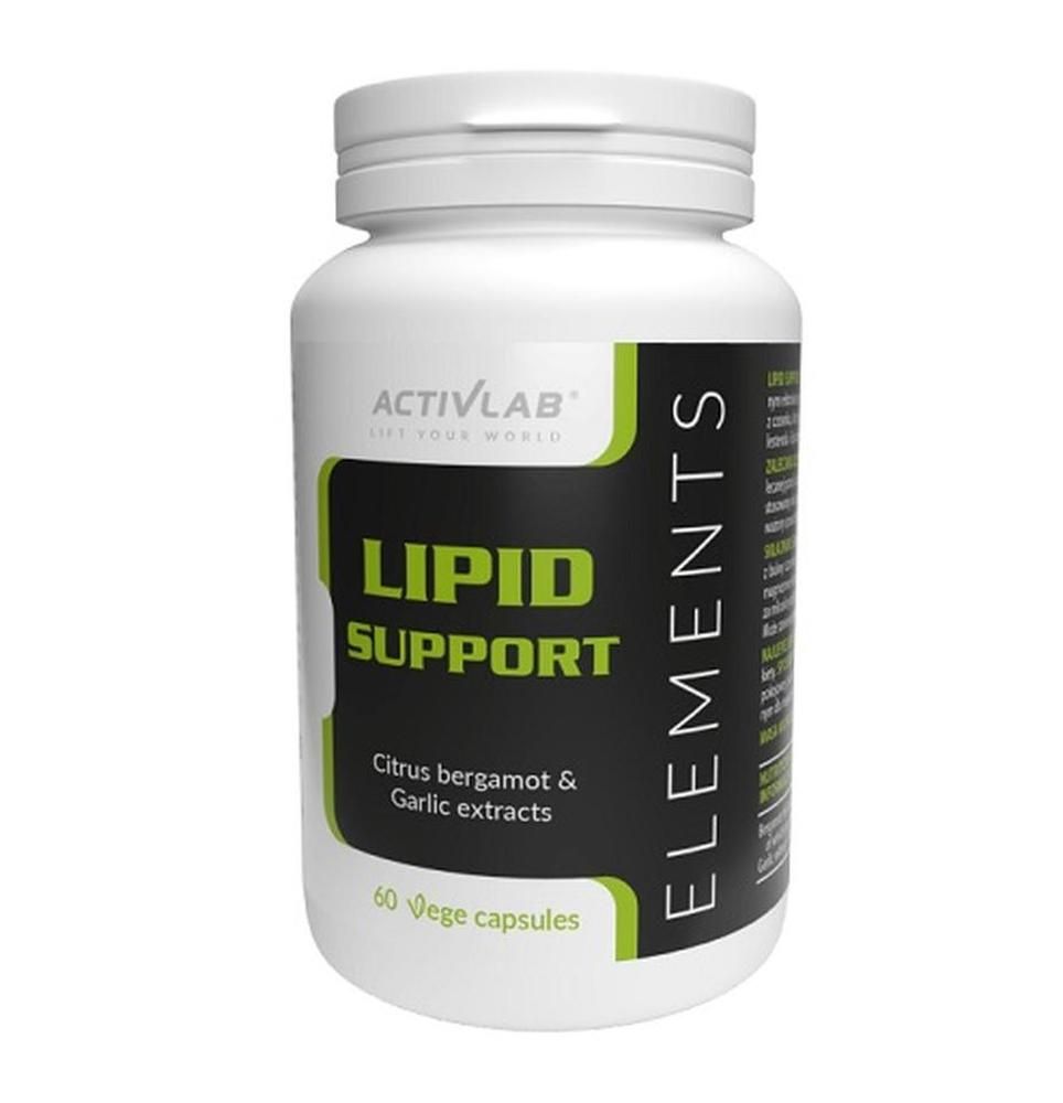 Weiße Flasche mit Kapseln. Aufschrift: Lipid Support, Citrus Bergamotte & Knoblauch-Extrakte. Marke: Activlab Elements.