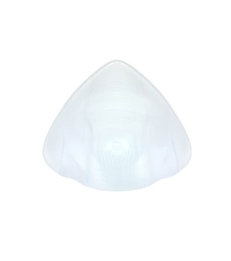 Transparente, tropfenförmige Teilprothese. Oberseite mit leicht gewellter Struktur. Für die Brust. Material: Silikon.