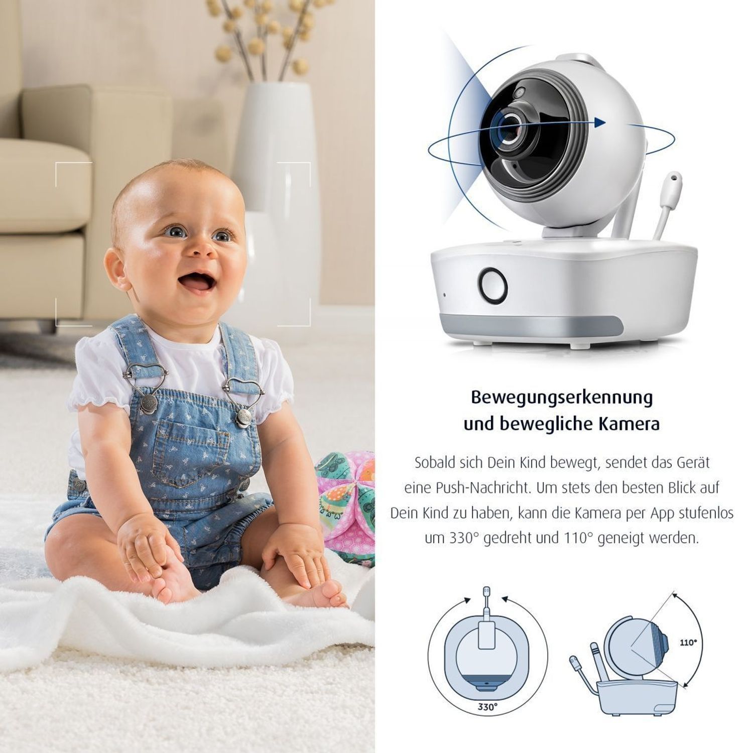 Babykamera neben einem lächelnden Baby auf dem Boden. Diagramme zeigen Schwenk- und Neigebereiche.