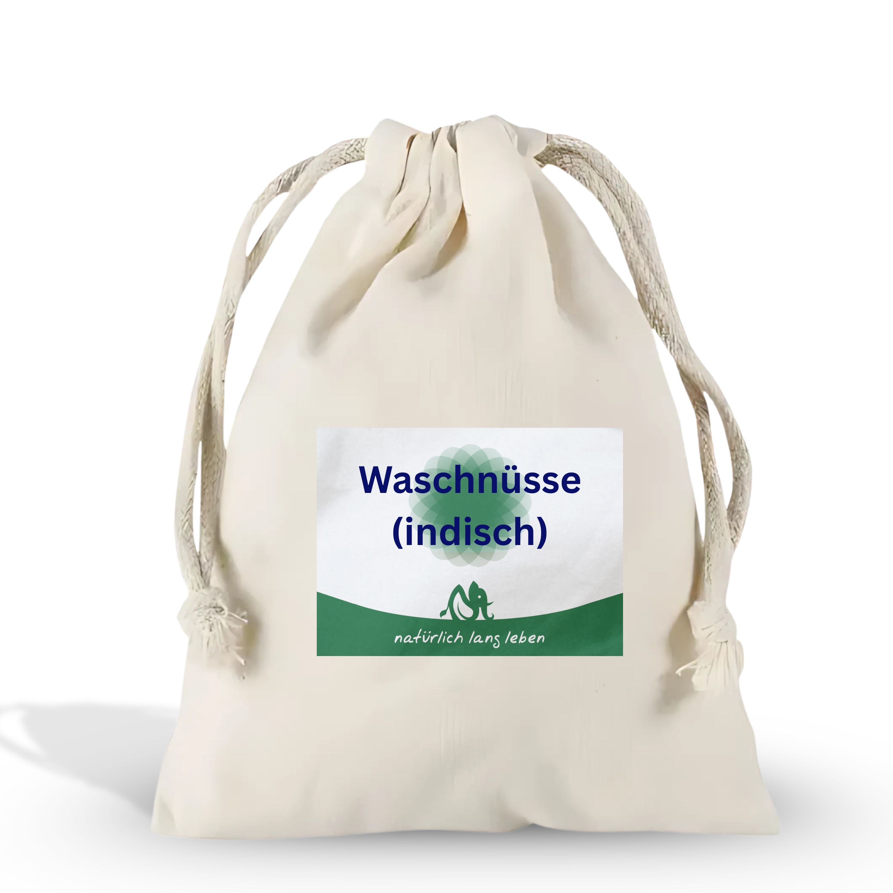 Beutel mit Aufdruck 'Waschnüsse (indisch)'. Kordelzug. Weißes Etikett mit grünem Logo und Text.