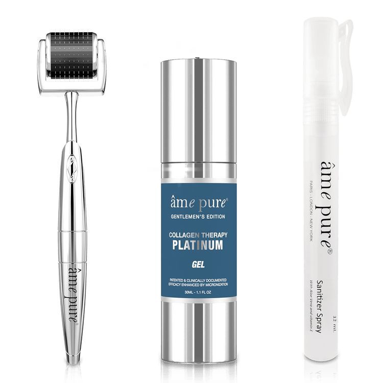 Drei ame pure Produkte: Dermaroller, Gel und Desinfektionsspray.