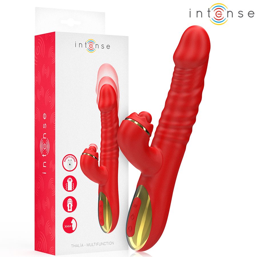 Roter Vibrator mit goldfarbenen Akzenten. Produkt in Verpackung. Aufdruck: Intense, Thalia - Multifunktion.