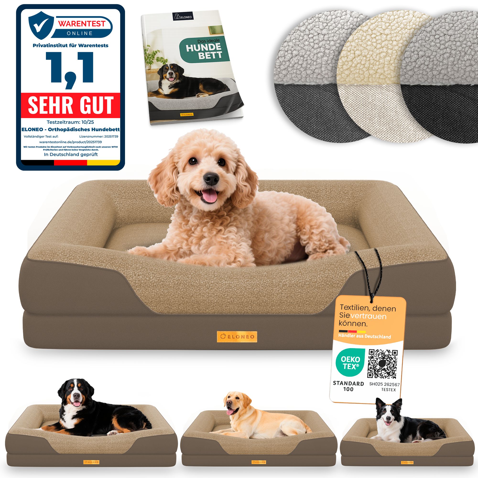 Hundebett mit Hund. Text: Sehr gut. Zertifizierung. Weitere Betten in verschiedenen Farben. Text: Textilien, die Sie vertrauen können.