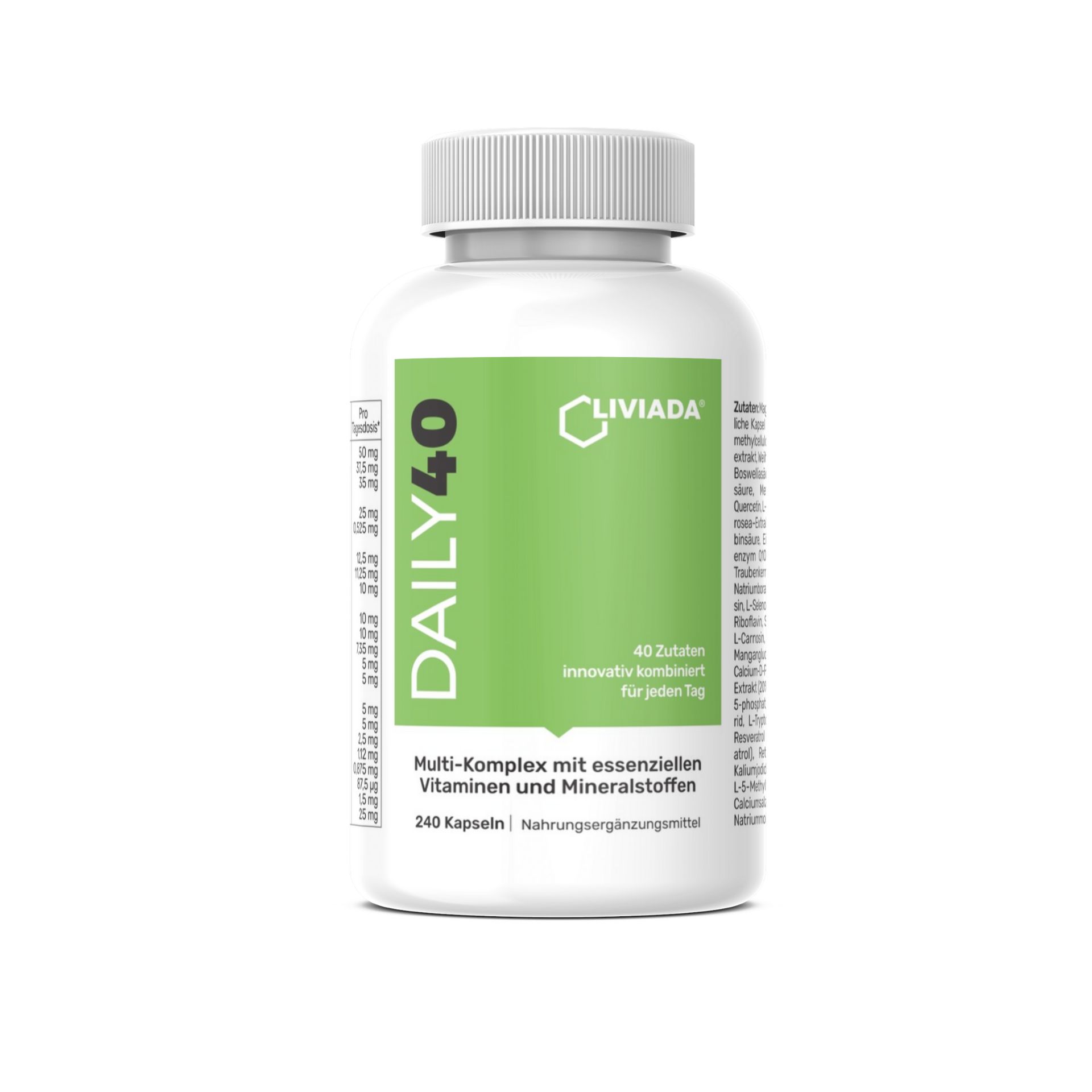 Weiße Flasche mit grüner Aufschrift. DAILY40 Multi-Komplex mit Vitaminen und Mineralstoffen. 240 Kapseln.