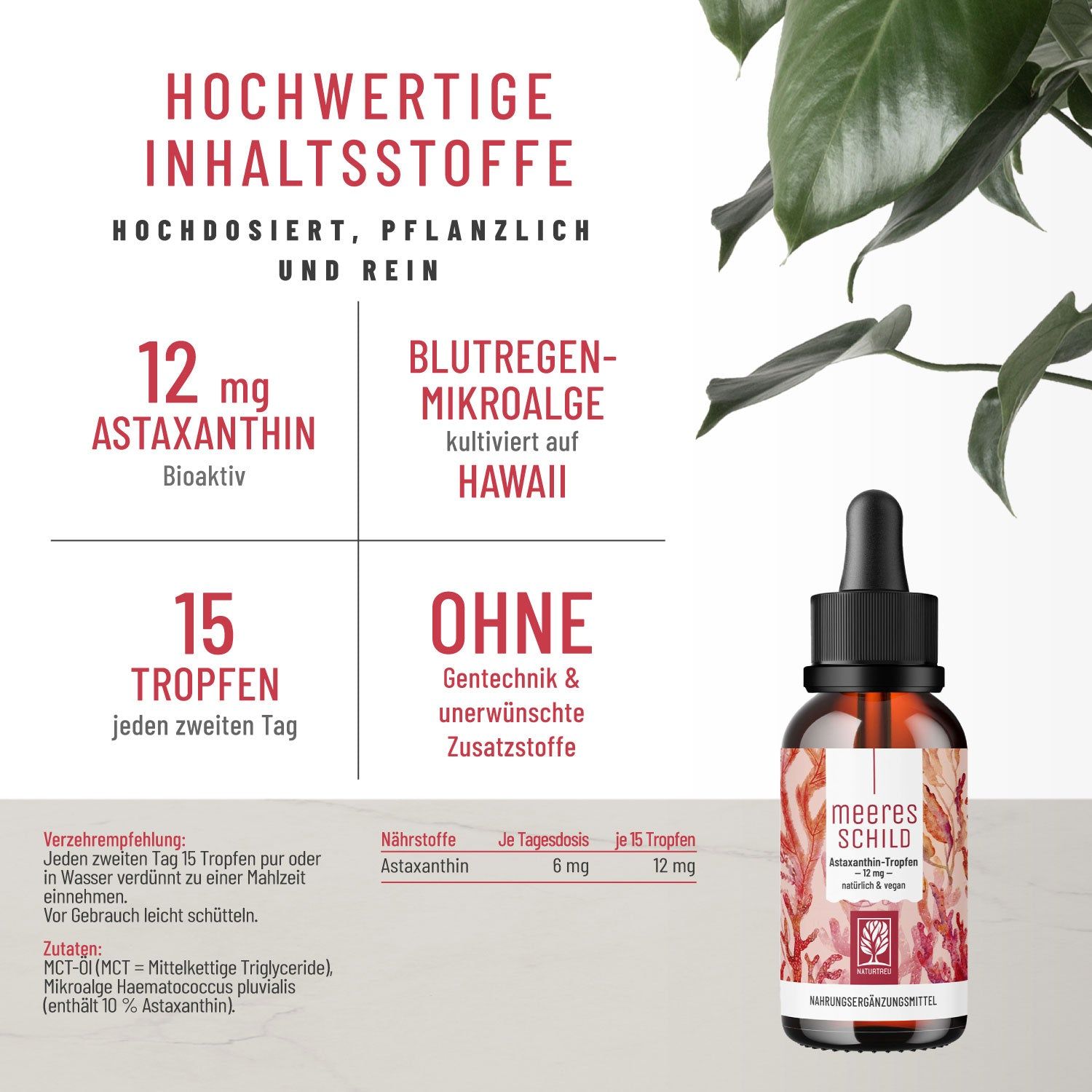 Infografik mit Text und Flasche. Text: 12 mg Astaxanthin, 15 Tropfen, ohne Gentechnik.