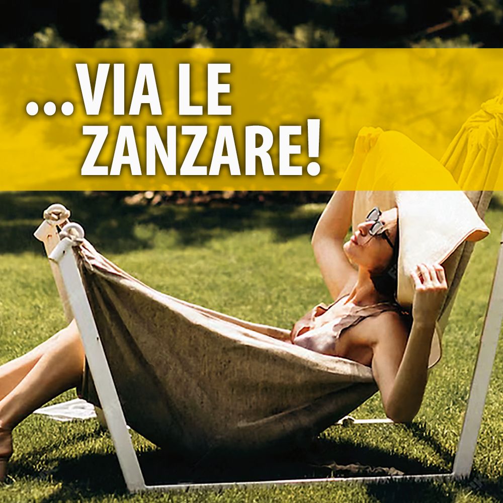 Donna in amaca in giardino. Testo: Via le zanzare! Barra gialla sullo sfondo. La donna indossa occhiali da sole e legge.