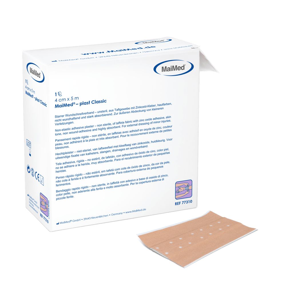 Verpackung mit MaiMed-plast Classic Wundschnellverband. Auf der Verpackung steht 4 cm x 5 m. Ein Pflaster liegt daneben.