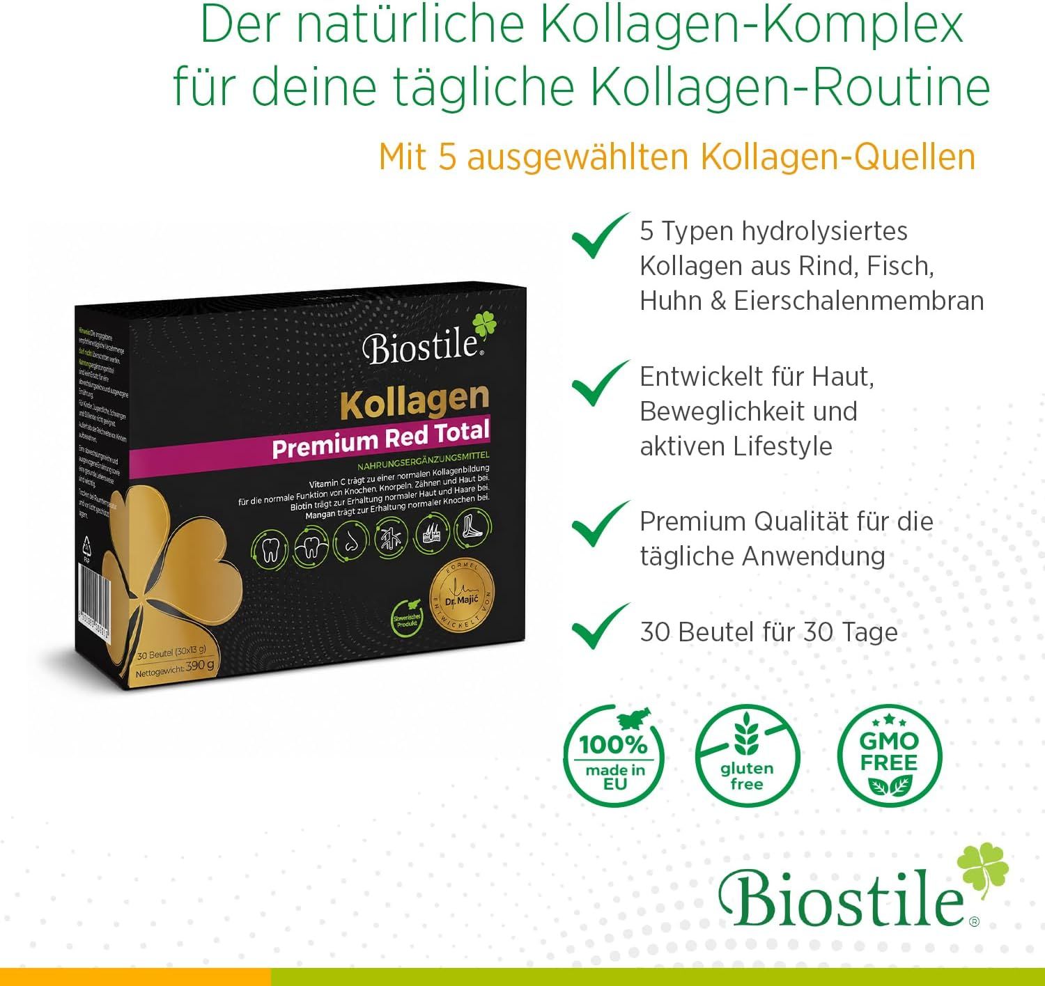 Biostile Collagen Premium Red Total Packung, 30 Beutel, Siegel: Made in EU, Glutenfrei, GMO-frei.