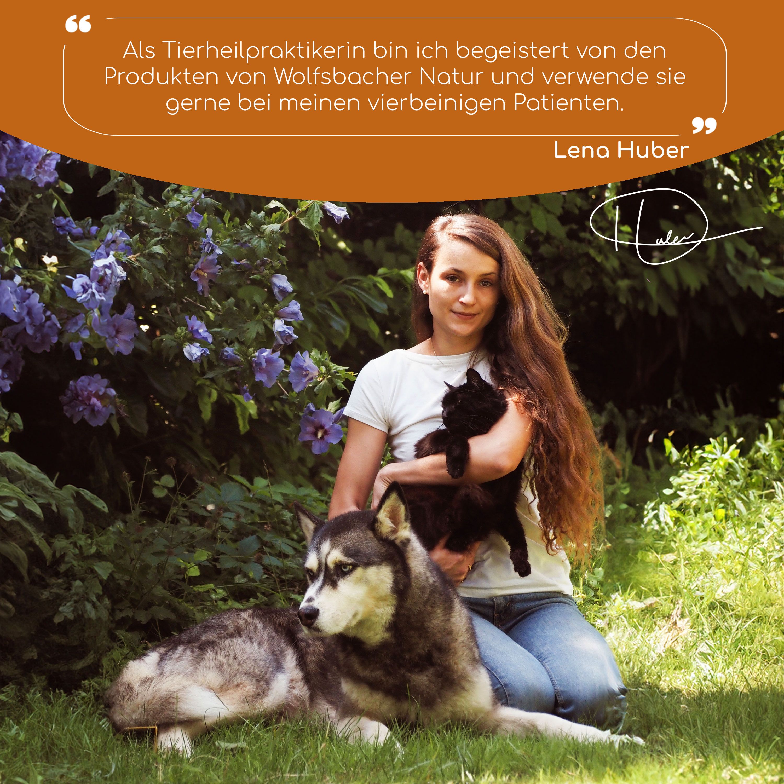 Frau mit Hund und Katze. Zitat: "Als Tierheilpraktikerin bin ich begeistert von den Produkten von Wolfsbacher Natur..."