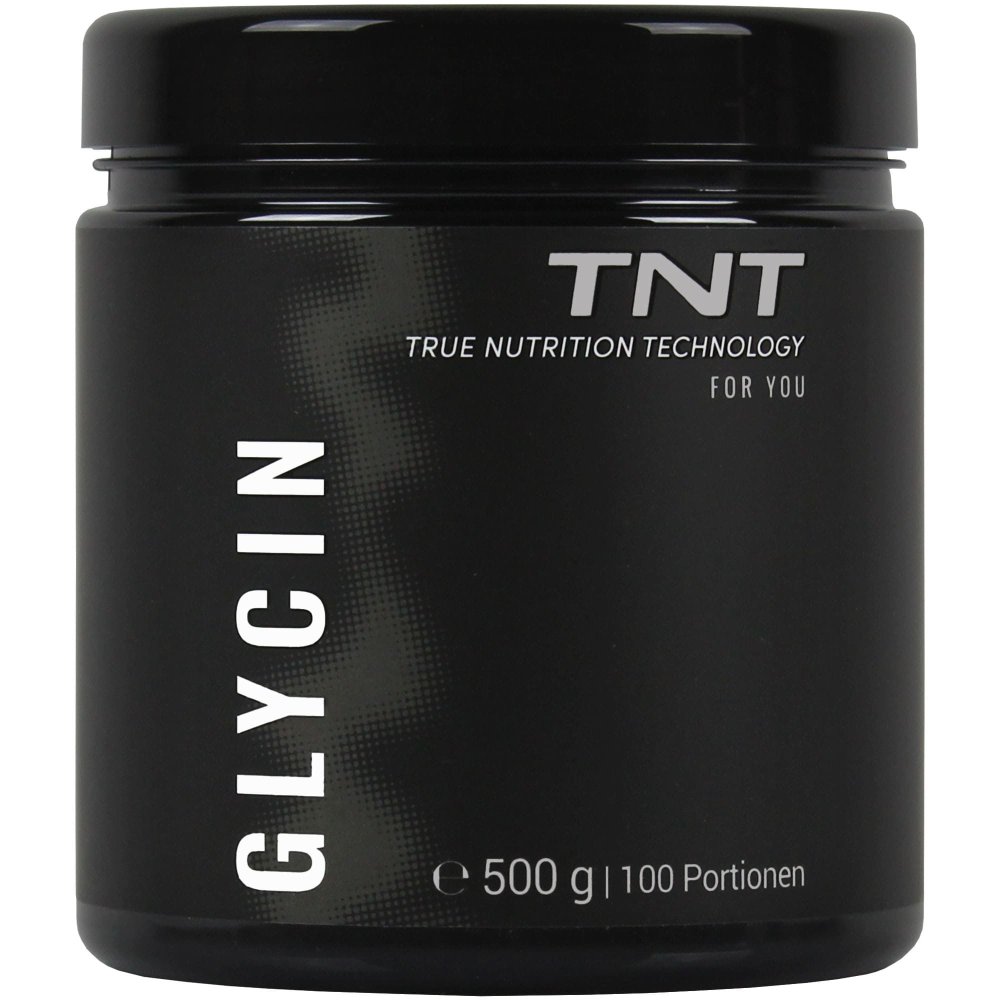 Schwarzes TNT Glycin-Pulver in Dose. Aufschrift: GLYCIN, TNT, 500g, 100 Portionen.
