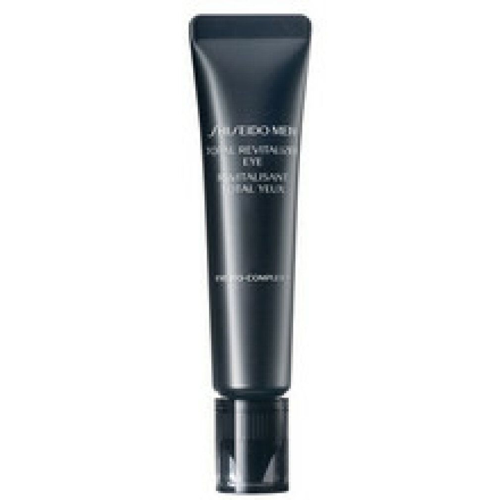 Dunkelgraue Tube mit schwarzem Verschluss. Beschriftung: Shiseido Men Total Revitalizer Eye. Produkt für die Augenpartie.