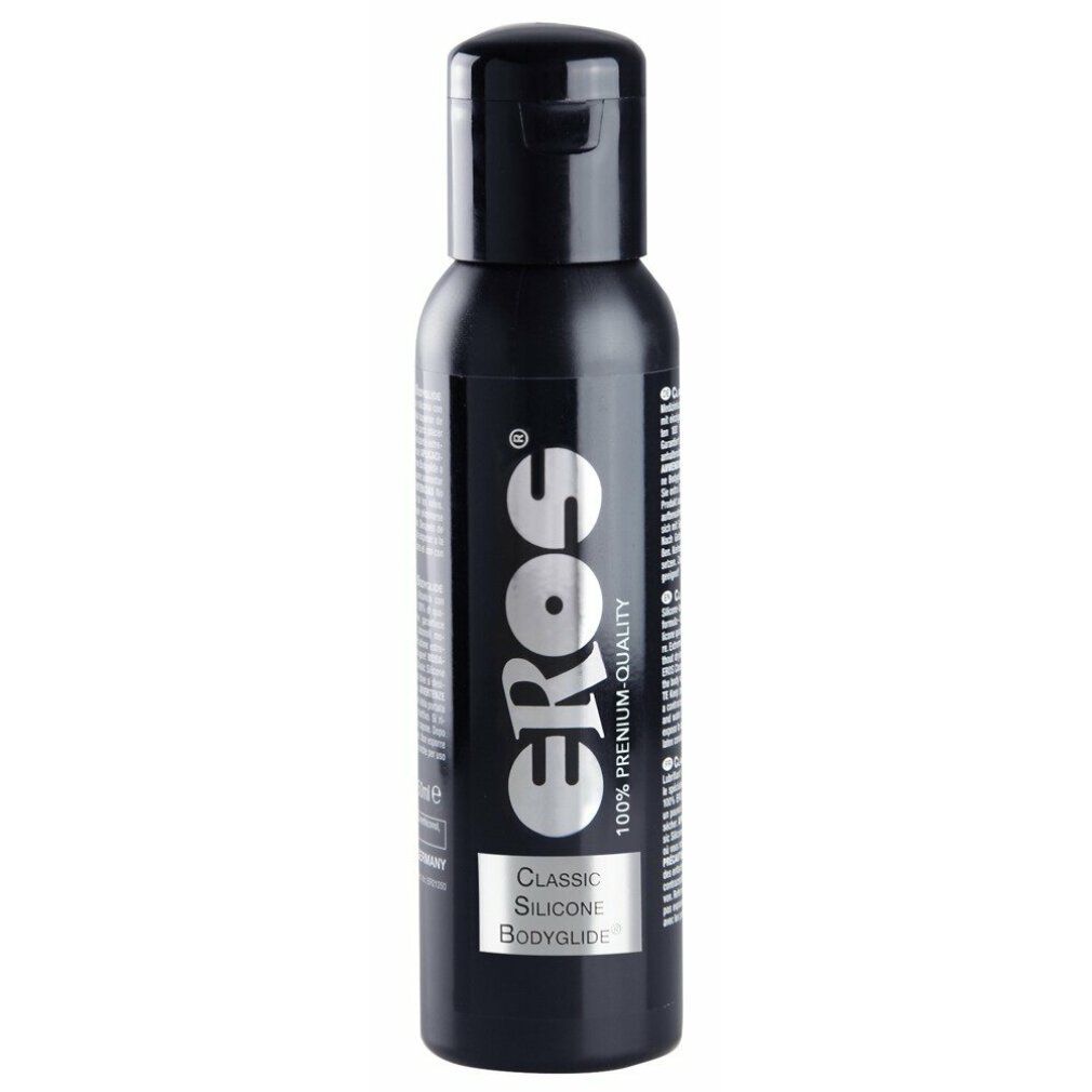 Schwarze Flasche mit schwarzem Deckel. Aufschrift "eros" und "CLASSIC SILICONE Bodyglide".