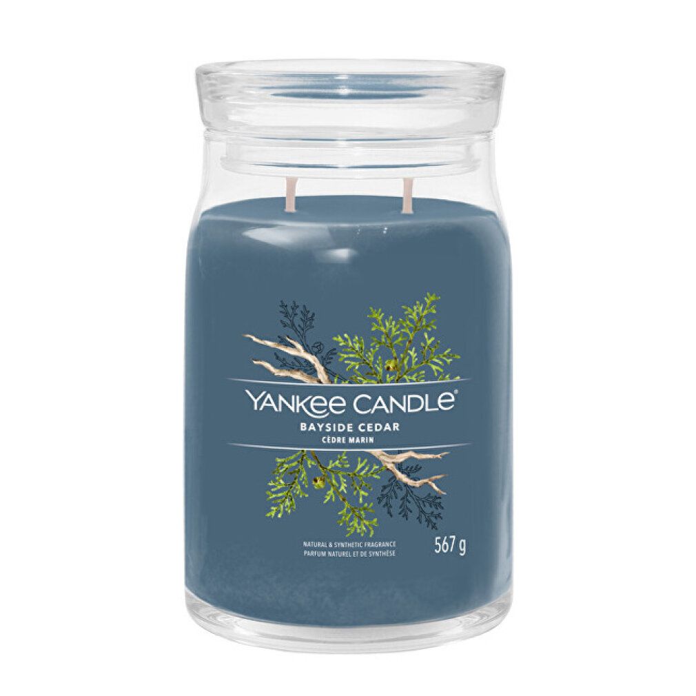 Blaue Duftkerze im Glas mit Deckel. Aufschrift: Yankee Candle Bayside Cedar, 567 g. Zwei Dochte.