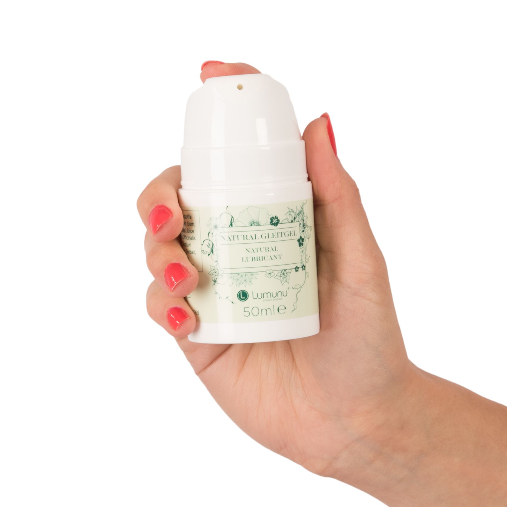 Weißer Spender in einer Hand gehalten. Aufschrift NATURAL GLEITGEL, NATURAL LUBRICANT und Lumunu Logo. 50ml.