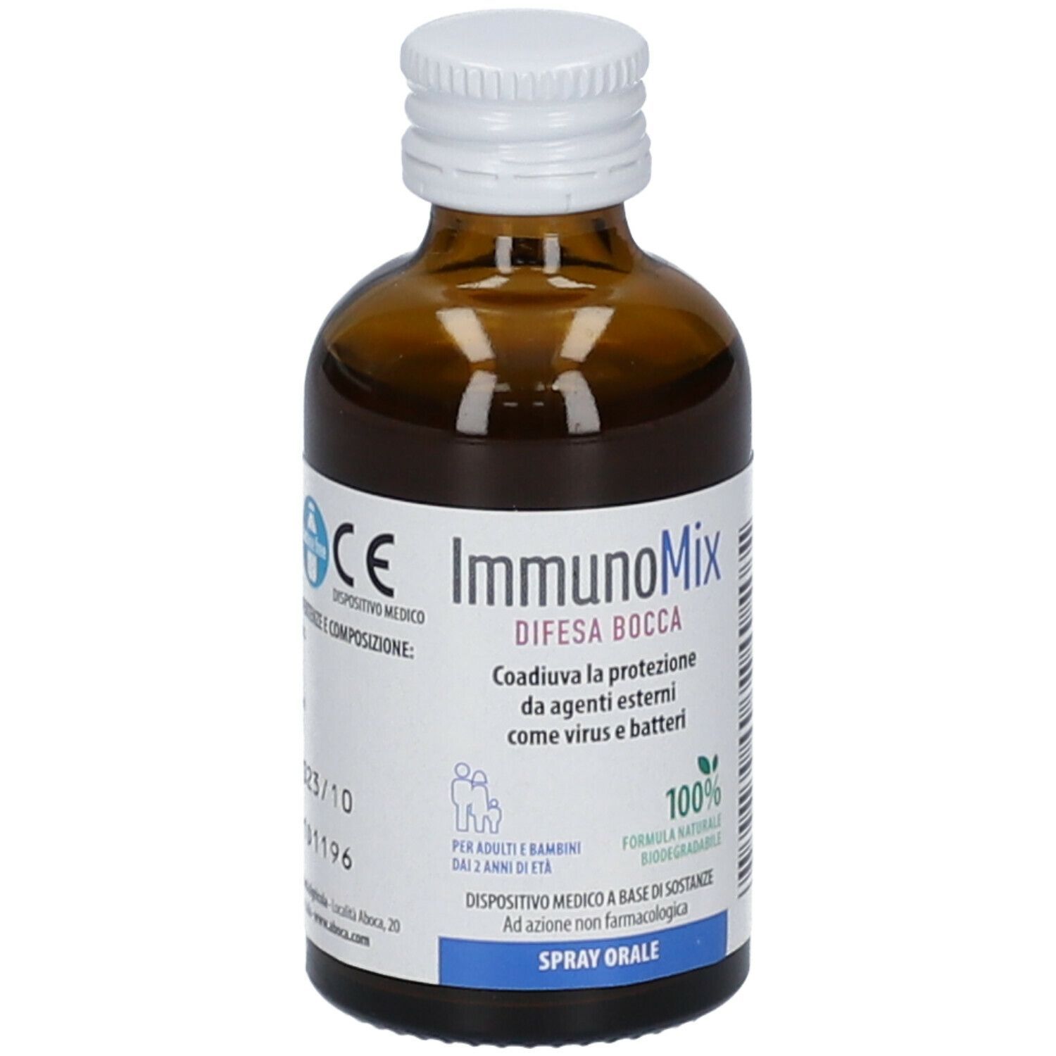 Flacone in vetro marrone di ImmunoMix Difesa Bocca. Tappo bianco. Nome e logo visibili. Testo: Spray Orale.