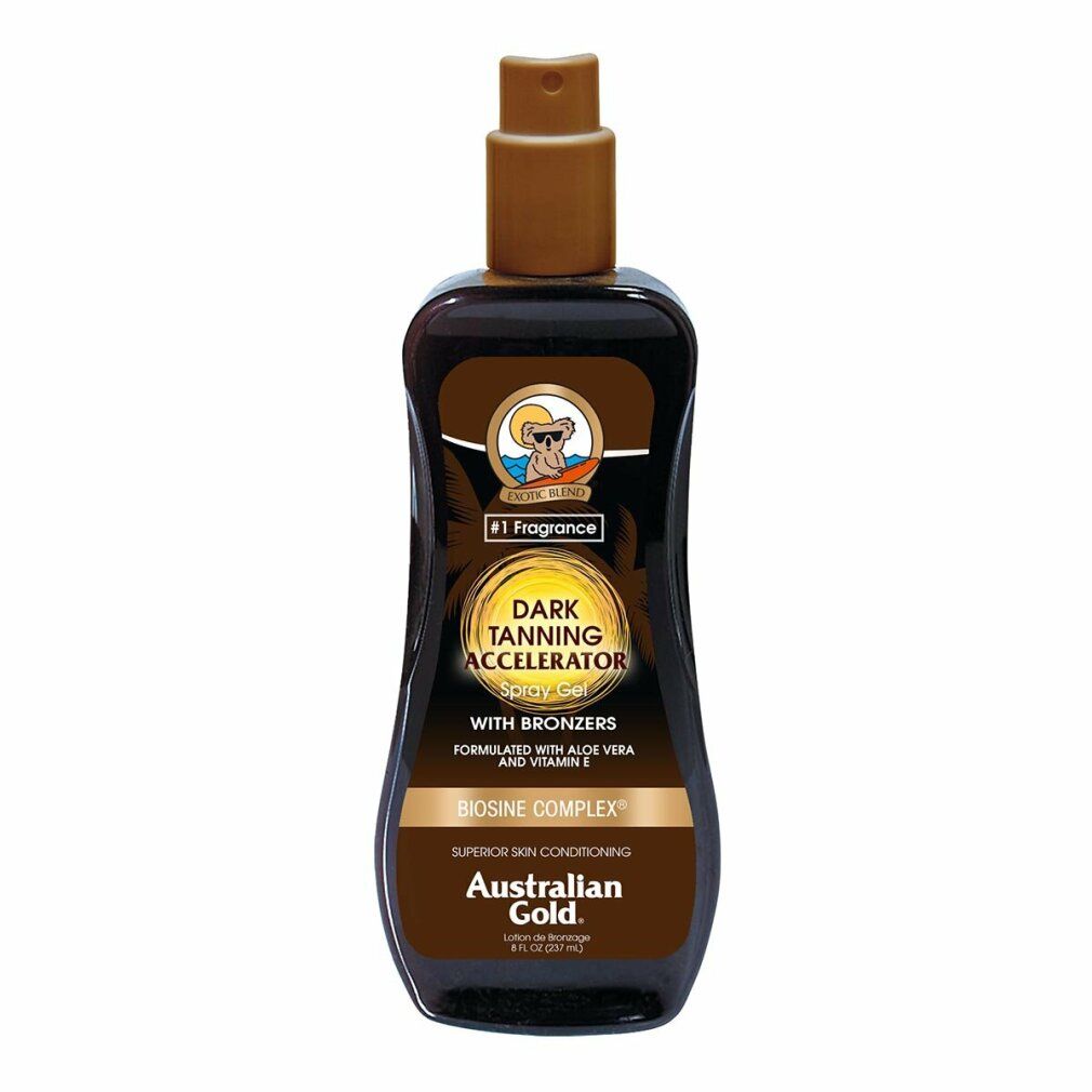 Braune Sprühgel-Flasche mit braunem Sprühkopf. Text: Dark Tanning Accelerator mit Bronzers. Marke: Australian Gold.