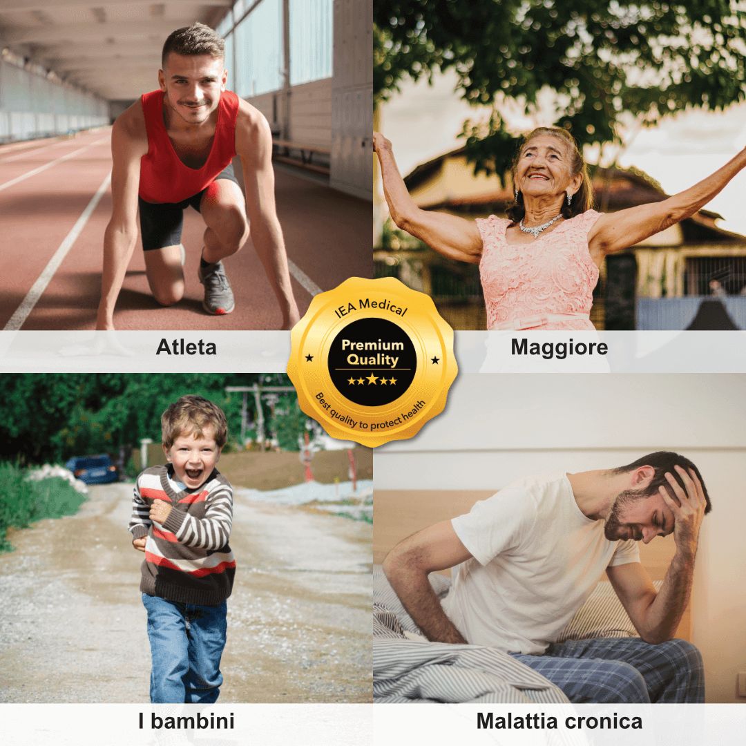 Quattro immagini: atleta, anziani, bambini, malattia cronica. Adesivo dorato con IEA Medical e fiocco di neve. Testo: Premium Quality.