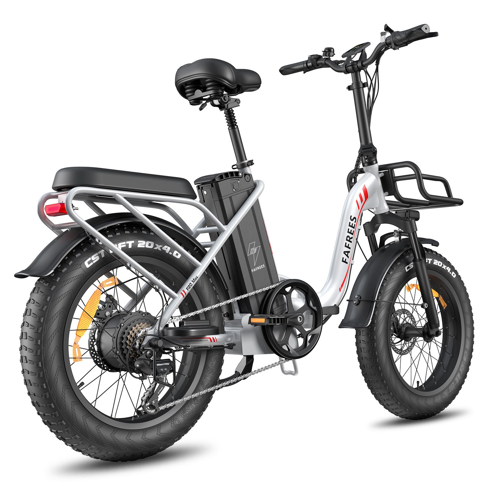 Falt-E-Bike mit weißem Rahmen, schwarzem Sattel und Reifen. FAFREES-Logo sichtbar. Gepäckträger.