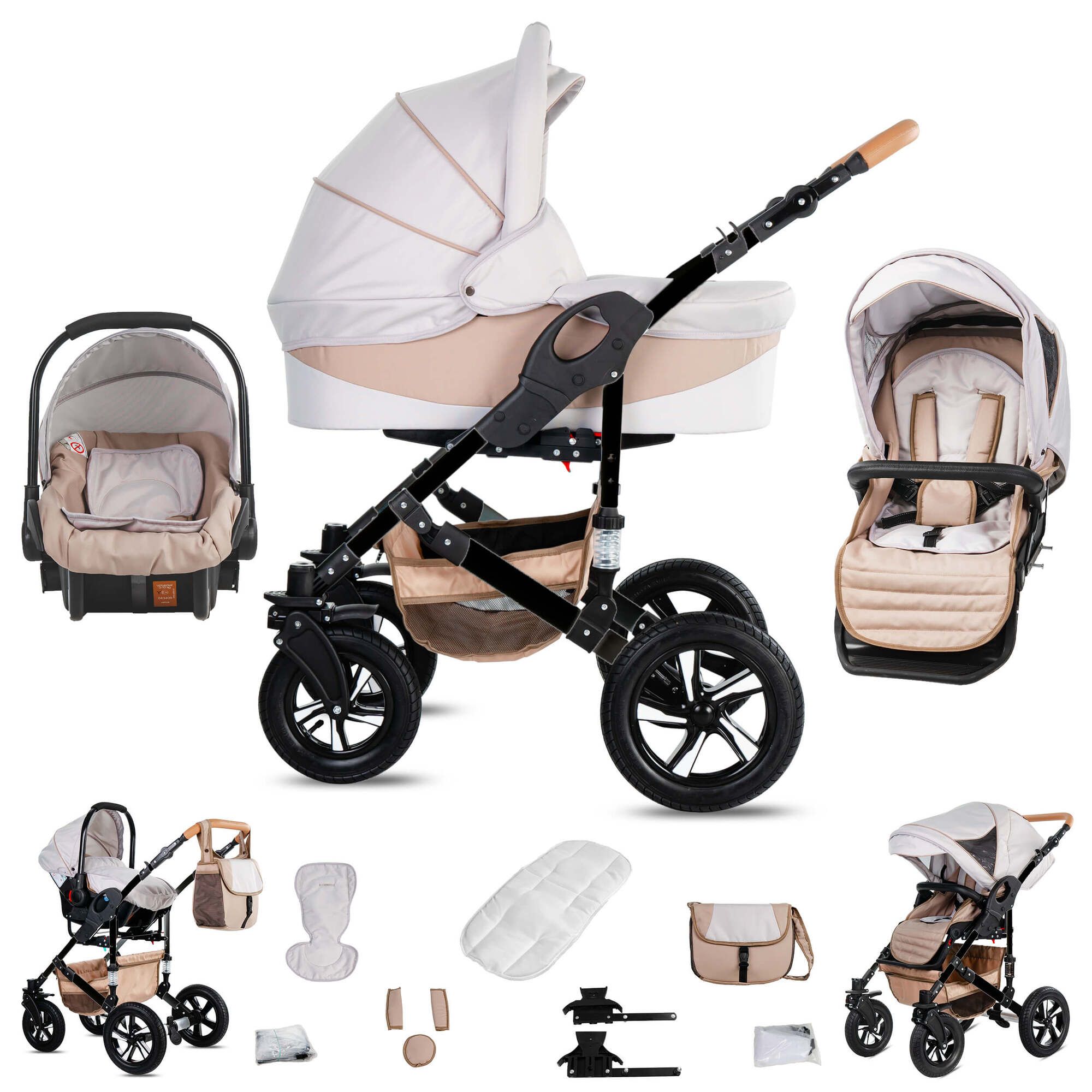 Kinderwagen-Set, Creme & Beige. Enthält Babywanne, Sportsitz, Babyschale und Zubehör. Schwarzes Gestell, Luftreifen.