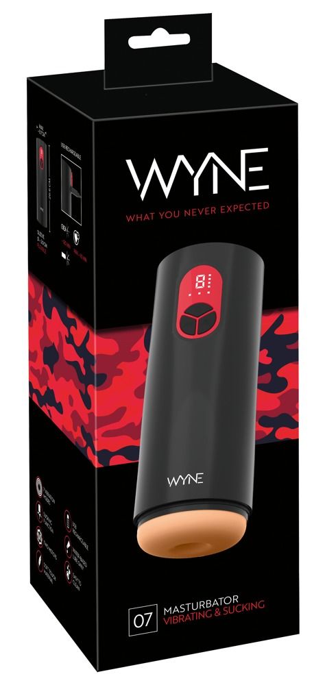 Produktverpackung. Schwarzer Karton mit Produkt und Text. Marke WYNE. Produktname: Masturbator.