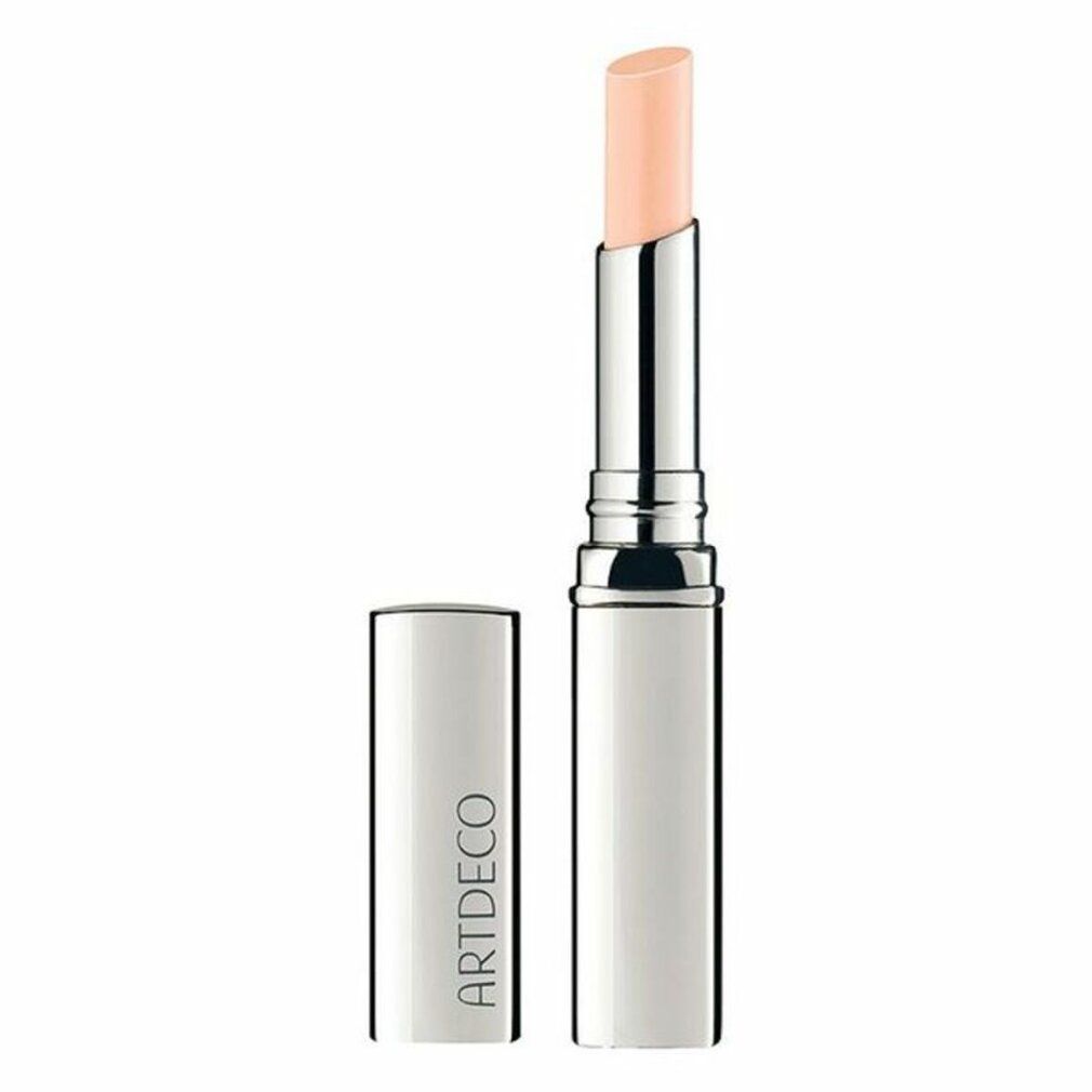 Lippenpflegestift mit geöffneter Kappe. Silberfarbene Hülse mit Produktnamen. Der Stift hat eine helle, cremefarbene Spitze.