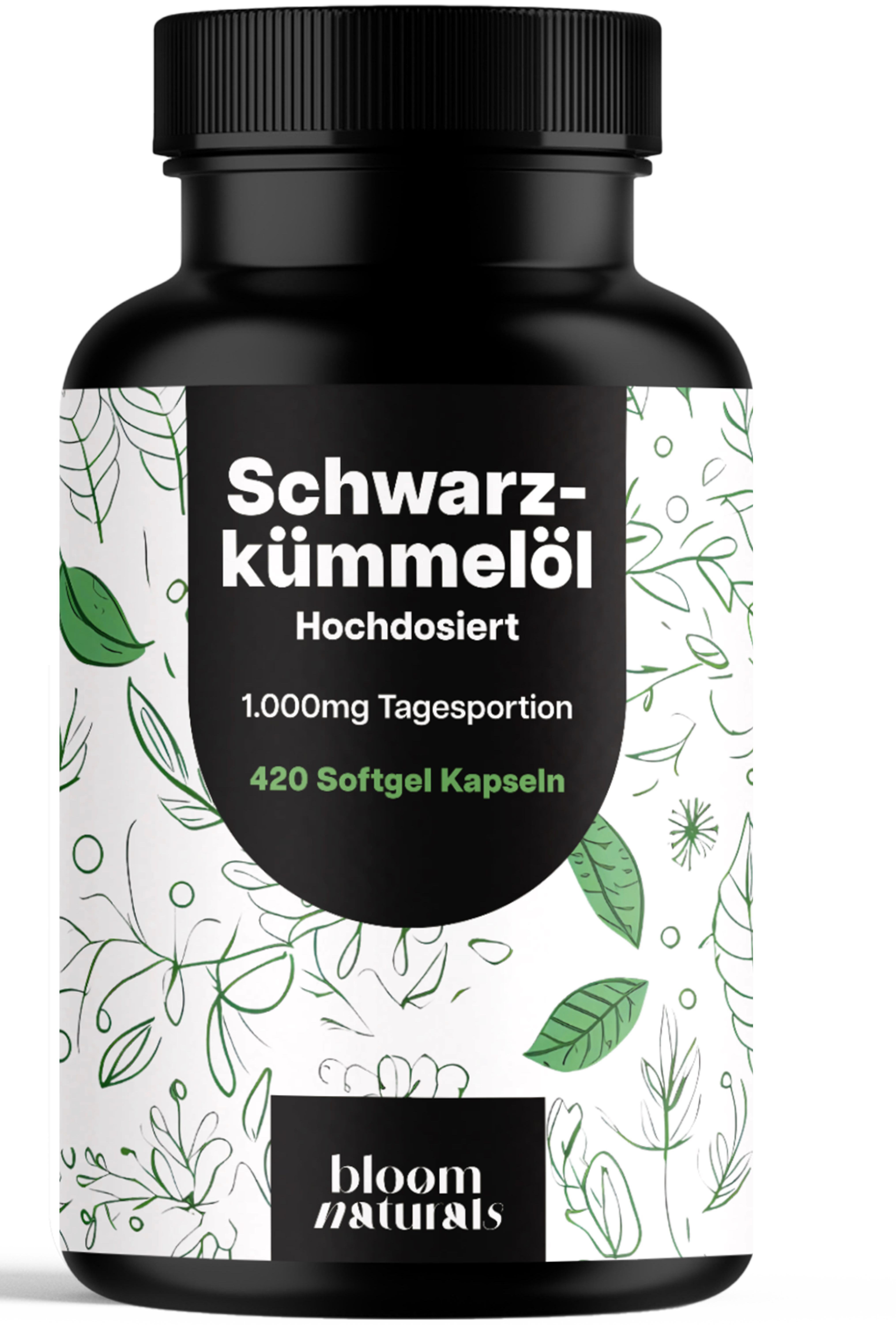 Schwarzkümmelöl Kapseln in schwarzer Flasche. Aufschrift: 1.000mg Tagesportion, 420 Softgel Kapseln. Bloom Naturals Logo.