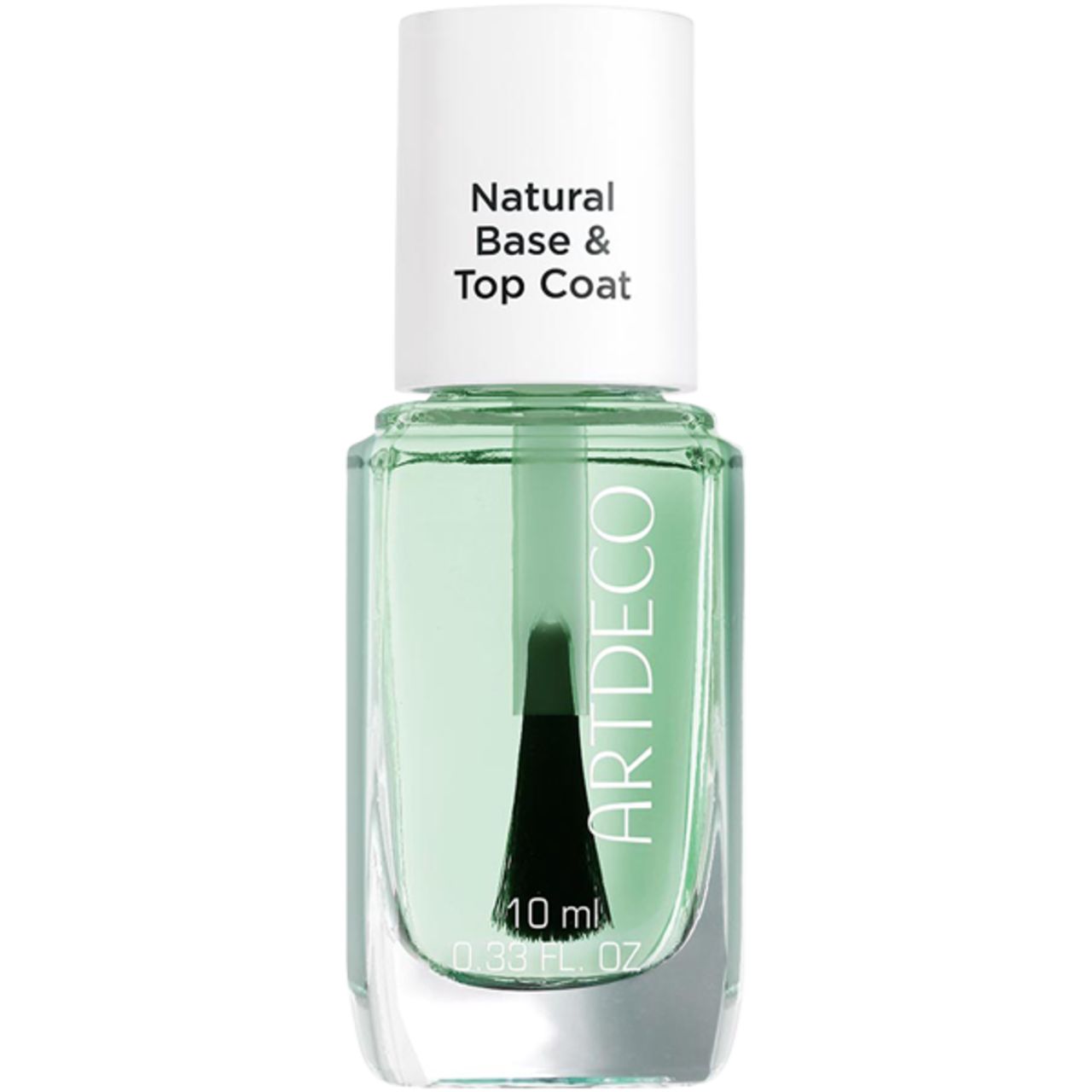 Klare Nagellackflasche mit weißem Deckel. Beschriftung: Natural Base & Top Coat, Artdeco, 10 ml.