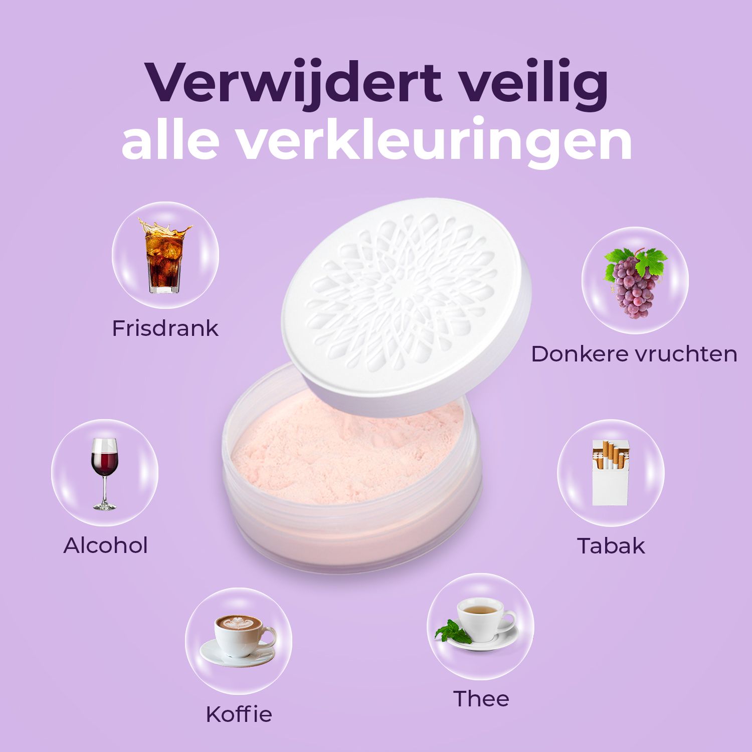 Product met open deksel. Tekst: Verwijdert veilig alle verkleuringen. Dranken, fruit, alcohol, koffie, thee, tabak.