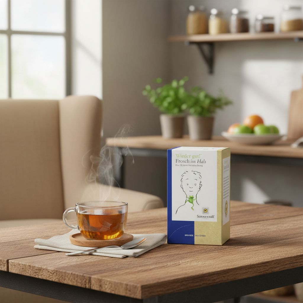SonnentoR® Frosch im Hals® Tee-Verpackung umgeben von Kräutern und Früchten.