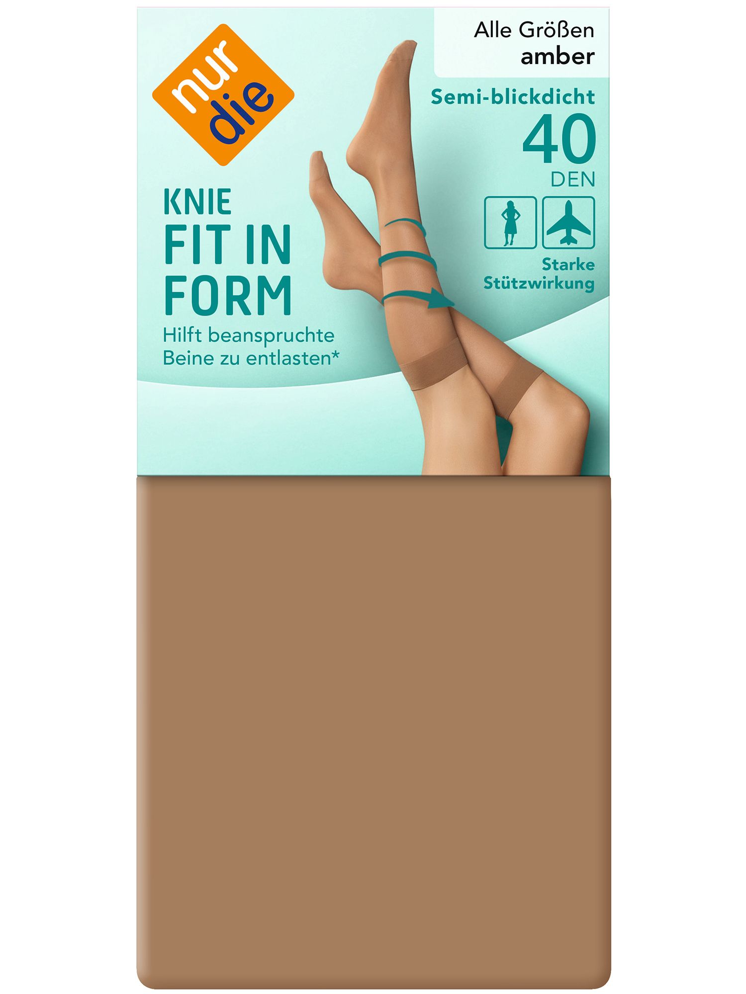 Kniestrümpfe, Farbe amber, 40 DEN, semi-blickdicht. Marke: nur die. Text: Knie Fit in Form. Starke Stützwirkung.
