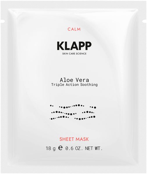 Klapp Sheet Mask. Weiße Verpackung mit Produktinformationen. Schriftzug: Klapp, Aloe Vera, Triple Action Soothing, Sheet Mask. 18g.