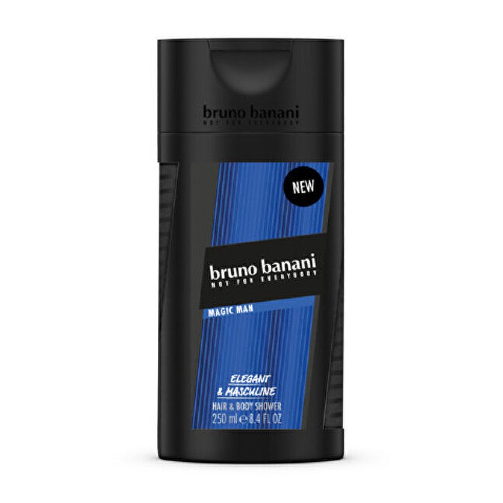 Schwarze Flasche mit blauem Etikett. Aufschrift: Bruno Banani Magic Man, Hair & Body Shower. Mit "NEW" Aufkleber.
