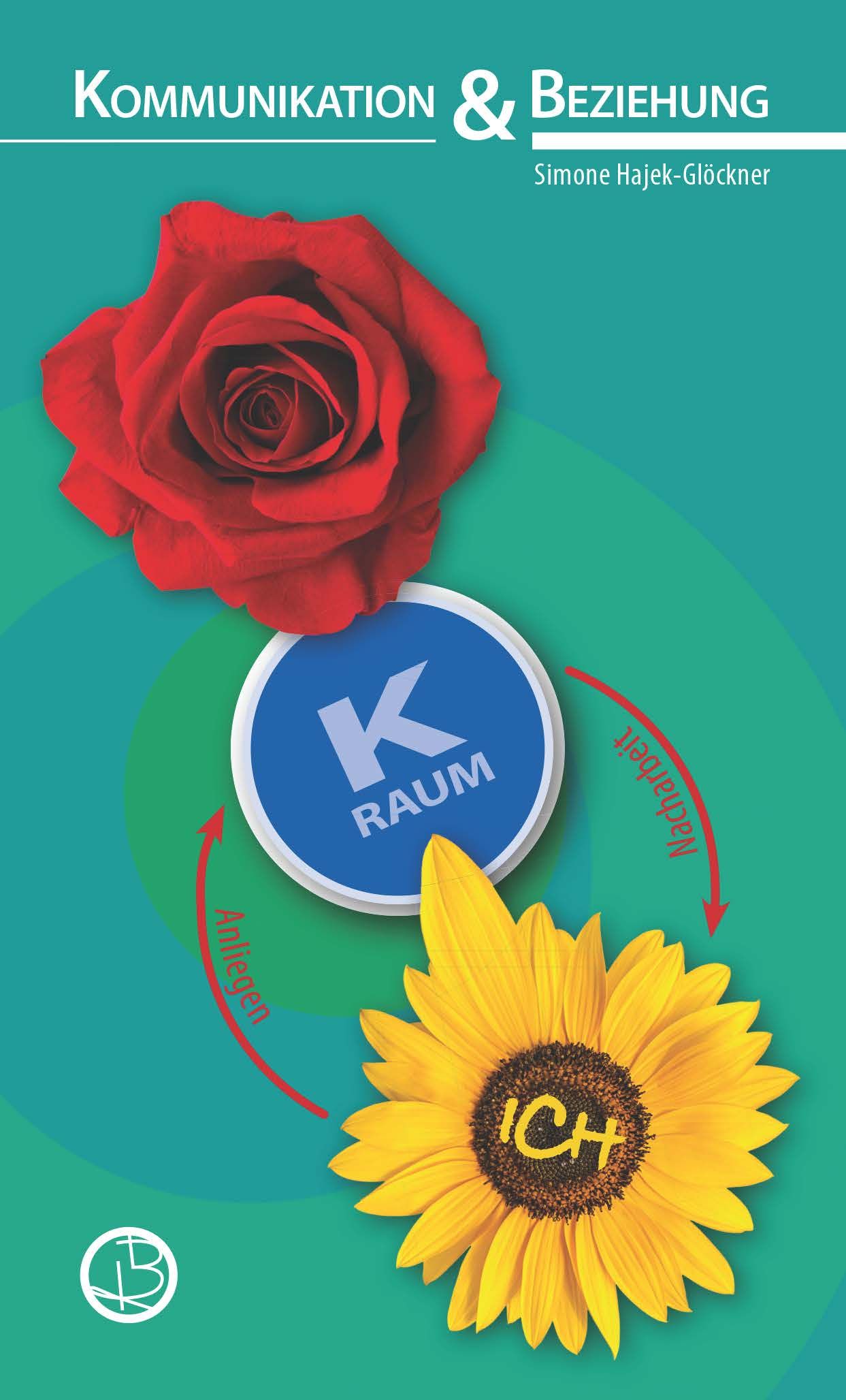 Buchcover mit roter Rose, Sonnenblume und blauem Kreis mit "K RAUM". Titel: Kommunikation & Beziehung.