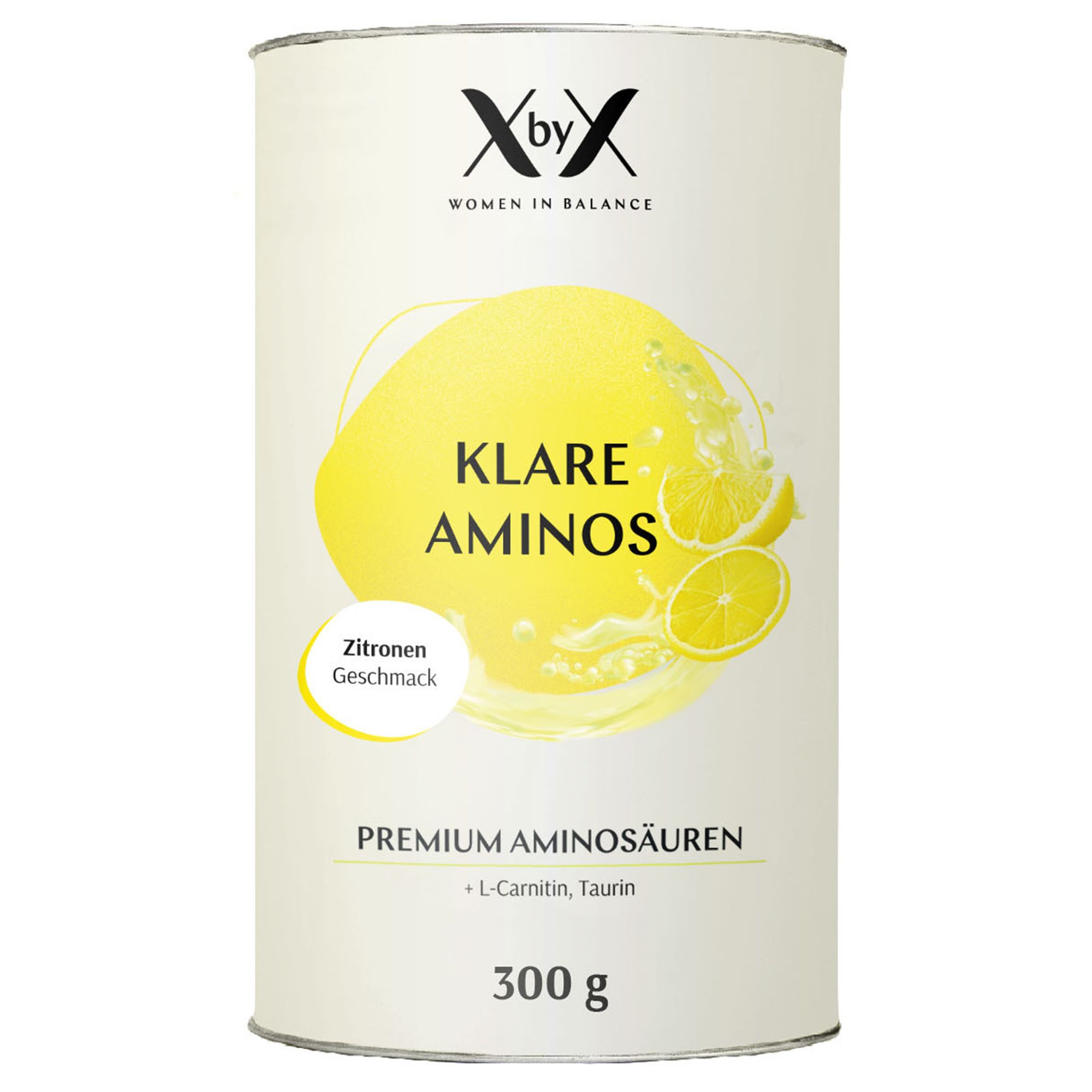 Zylinderdose mit Produktetikett. Aufschrift: Klare Aminos, Zitronen Geschmack, Premium Aminosäuren, 300 g.