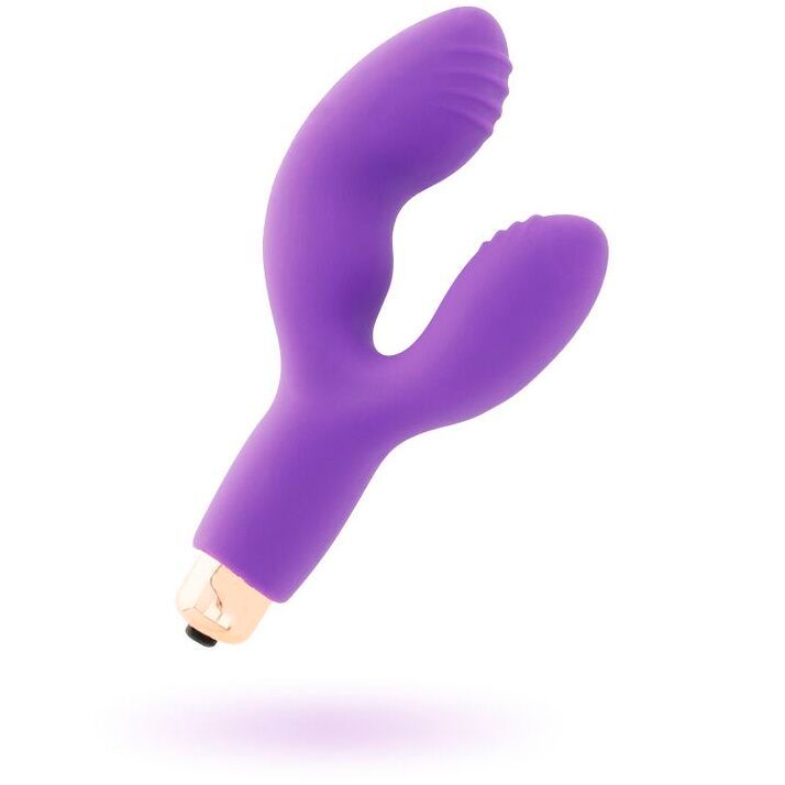 Lila Vibrator mit zwei Flügeln und einem Schaft. Goldfarbener Kopf.
