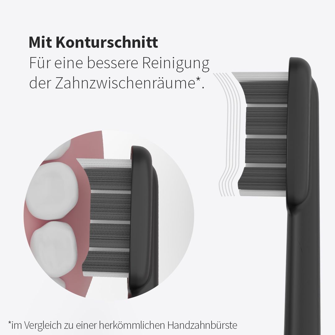 Zahnheld Bürstenkopf, Detailansicht. Text: Mit Konturschnitt für bessere Reinigung der Zahnzwischenräume.