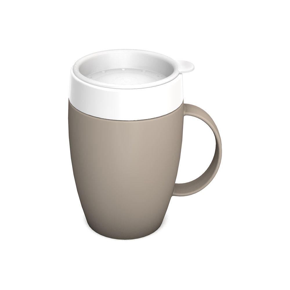 Becher mit Trink-Trick, beige-weiß. Mit Henkel und Trinkaufsatz. Zylindrische Form.