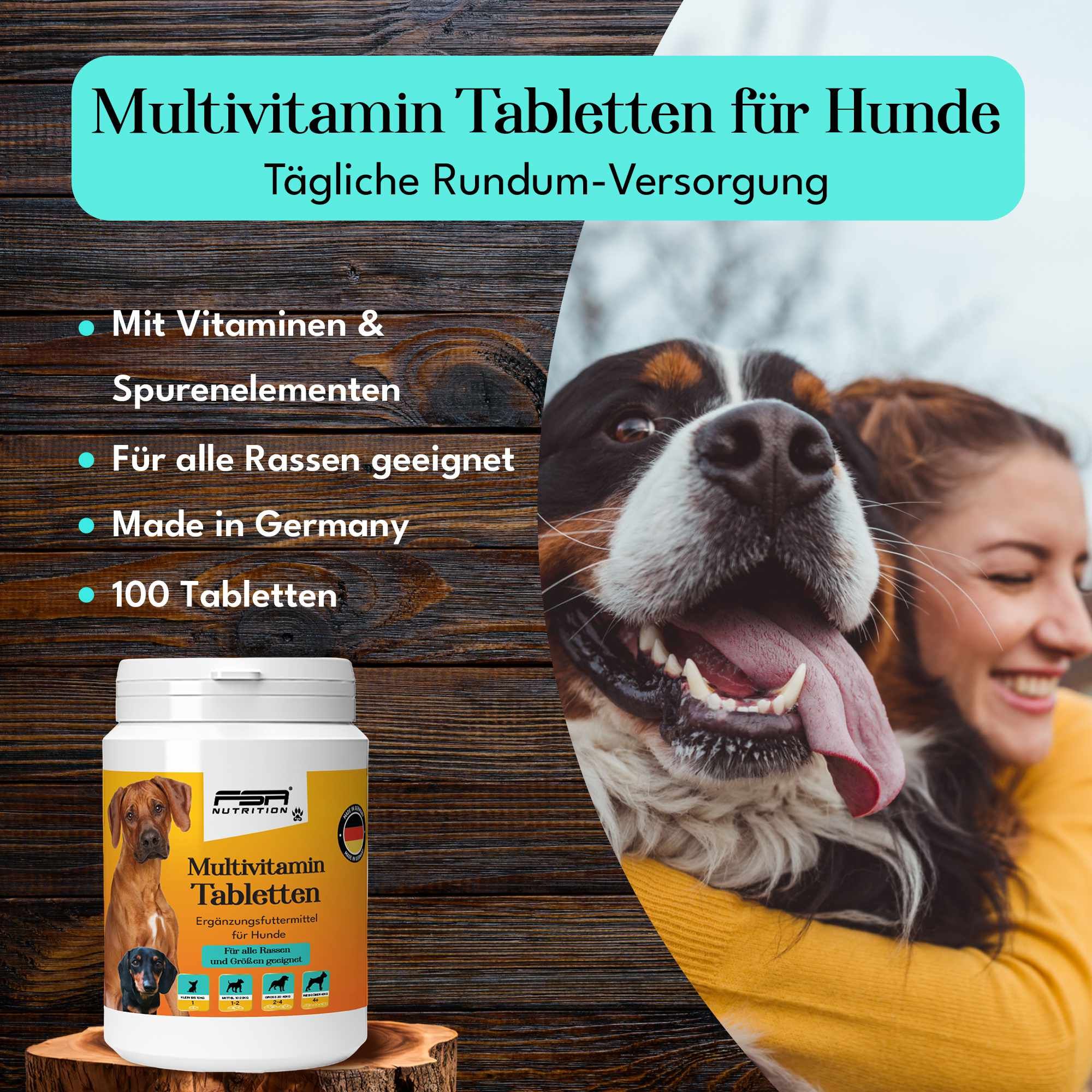 FSA NUTRITION Multivitamin Tabletten für Hunde. Weiße Tabletten in einer weißen Dose. Aufschrift: Mit Vitaminen & Spurenelementen, Made in Germany.