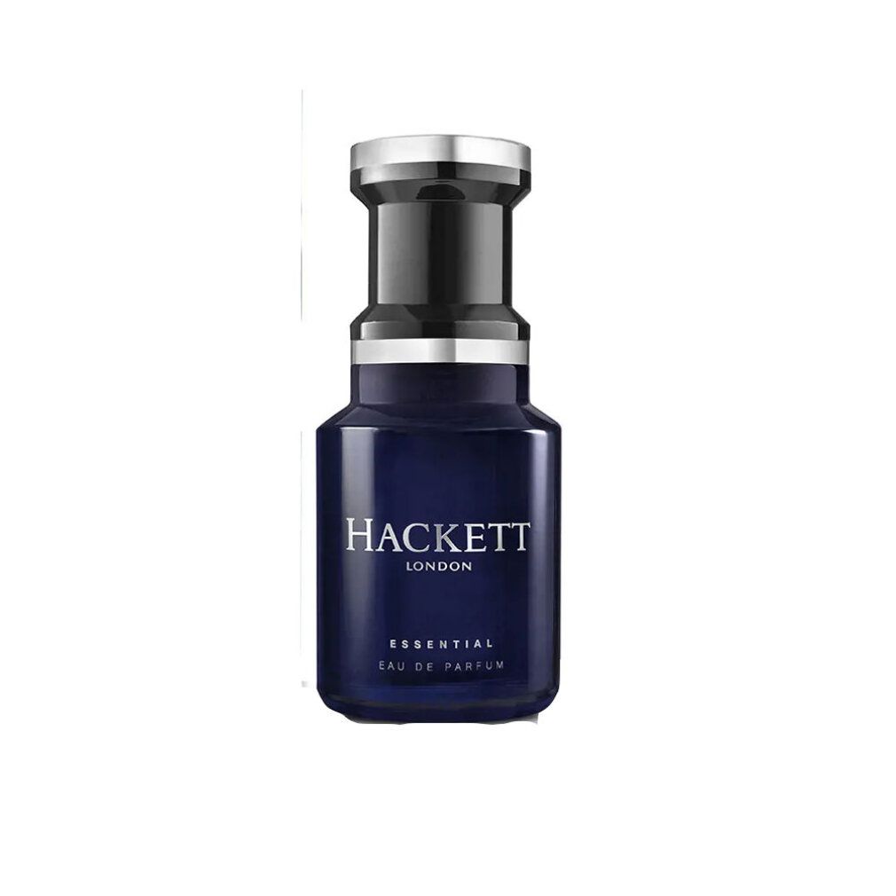 Dunkelblaue Flasche mit silbernem Deckel. Aufschrift: HACKETT LONDON, ESSENTIAL, Eau de Parfum.