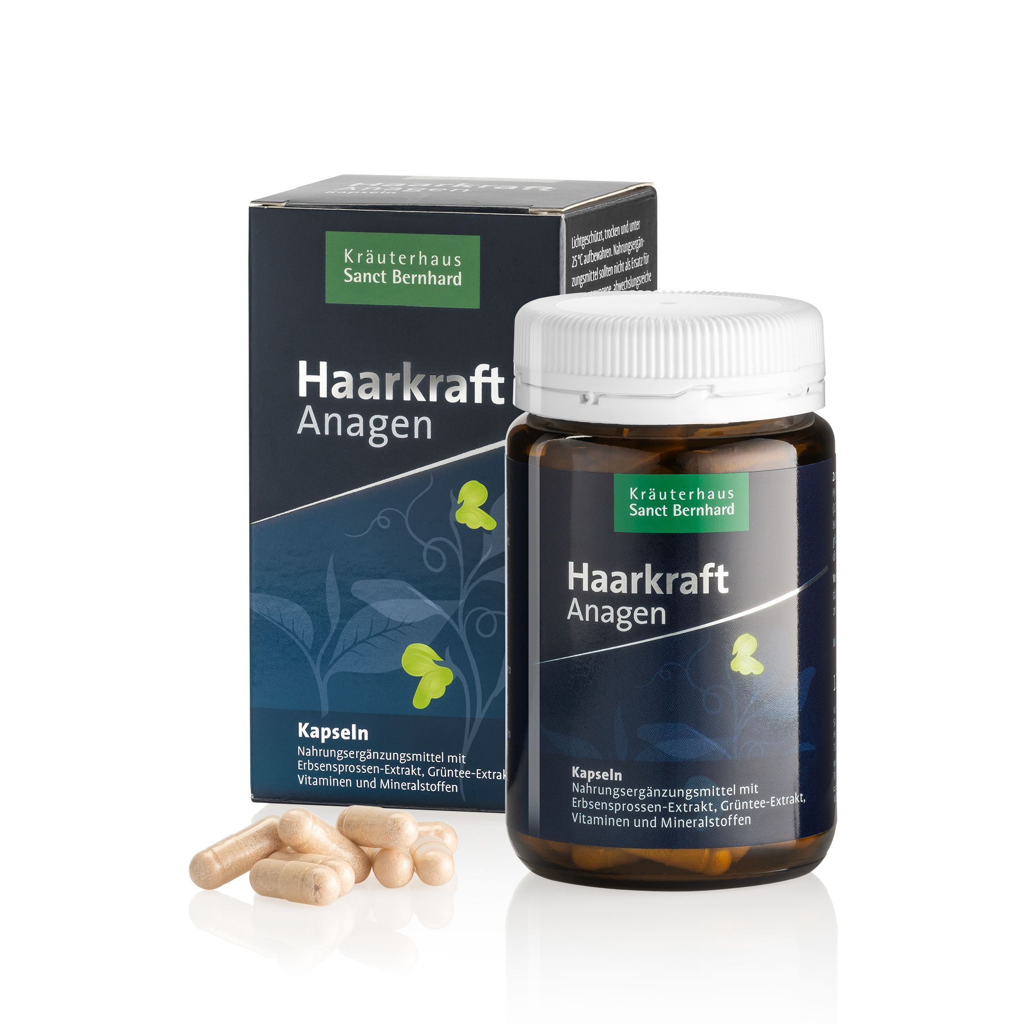 Braune Kapseln und eine Dose mit "Haarkraft Anagen"-Kapseln. Auf der Verpackung steht "Kräuterhaus Sanct Bernhard".