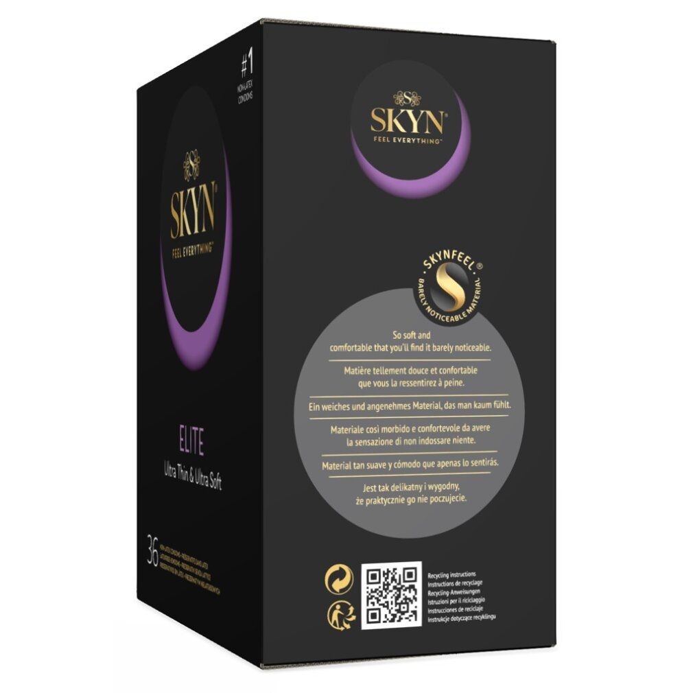 Verpackung mit SKYN Elite Kondomen. Aufschrift: Ultra Thin & Ultra Soft. 36 Stück. Text: So weich und angenehm.