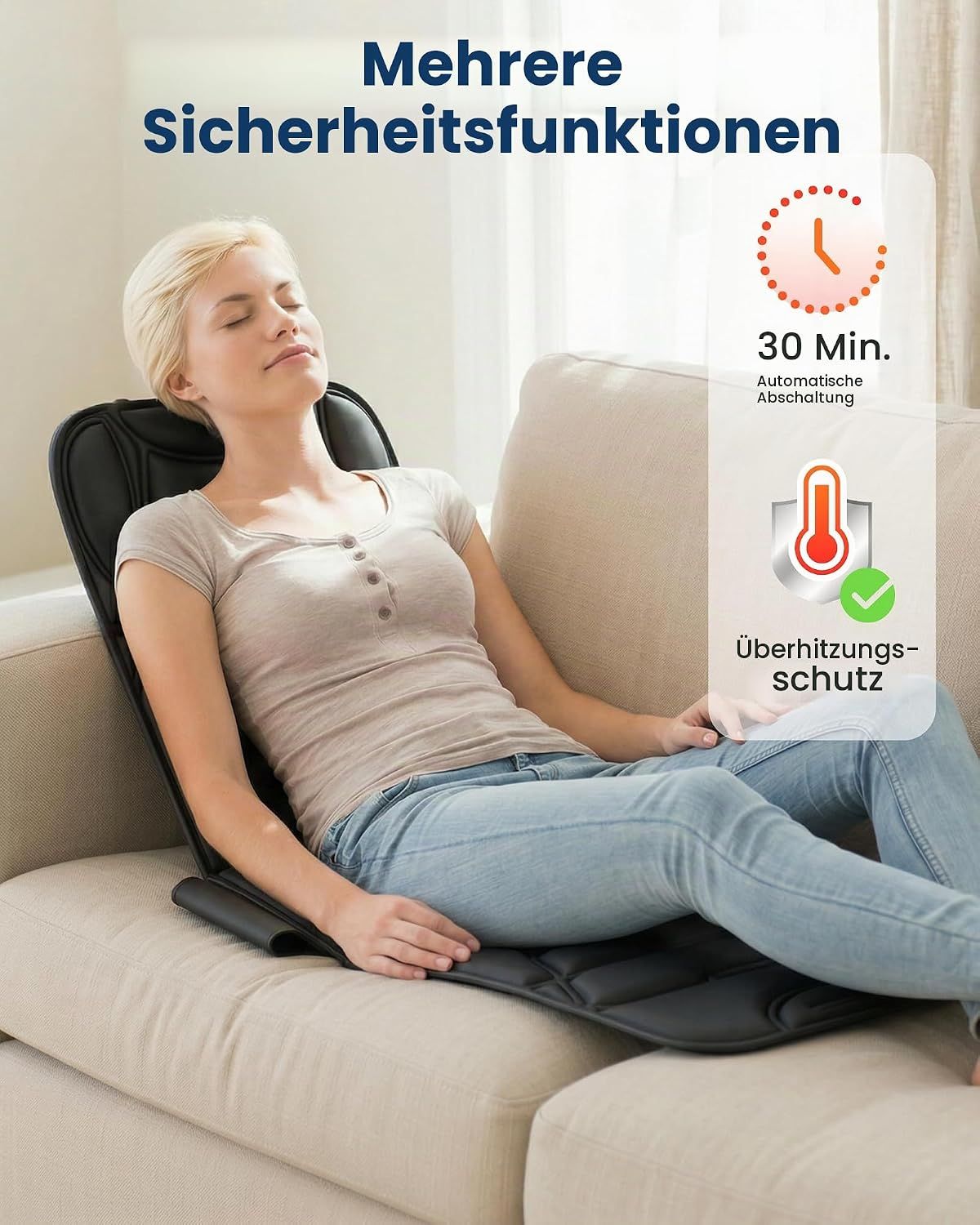 Vier Szenen, die ein kabelloses Nackenmassagegerät in verschiedenen Umgebungen zeigen.