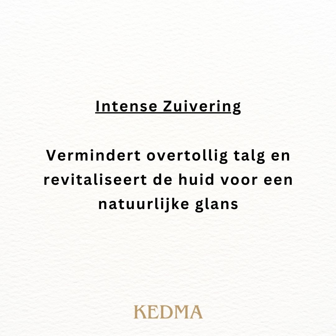Diepe reiniging. Zwarte modder verwijdert onzuiverheden en gifstoffen voor een heldere teint. Kedma logo.