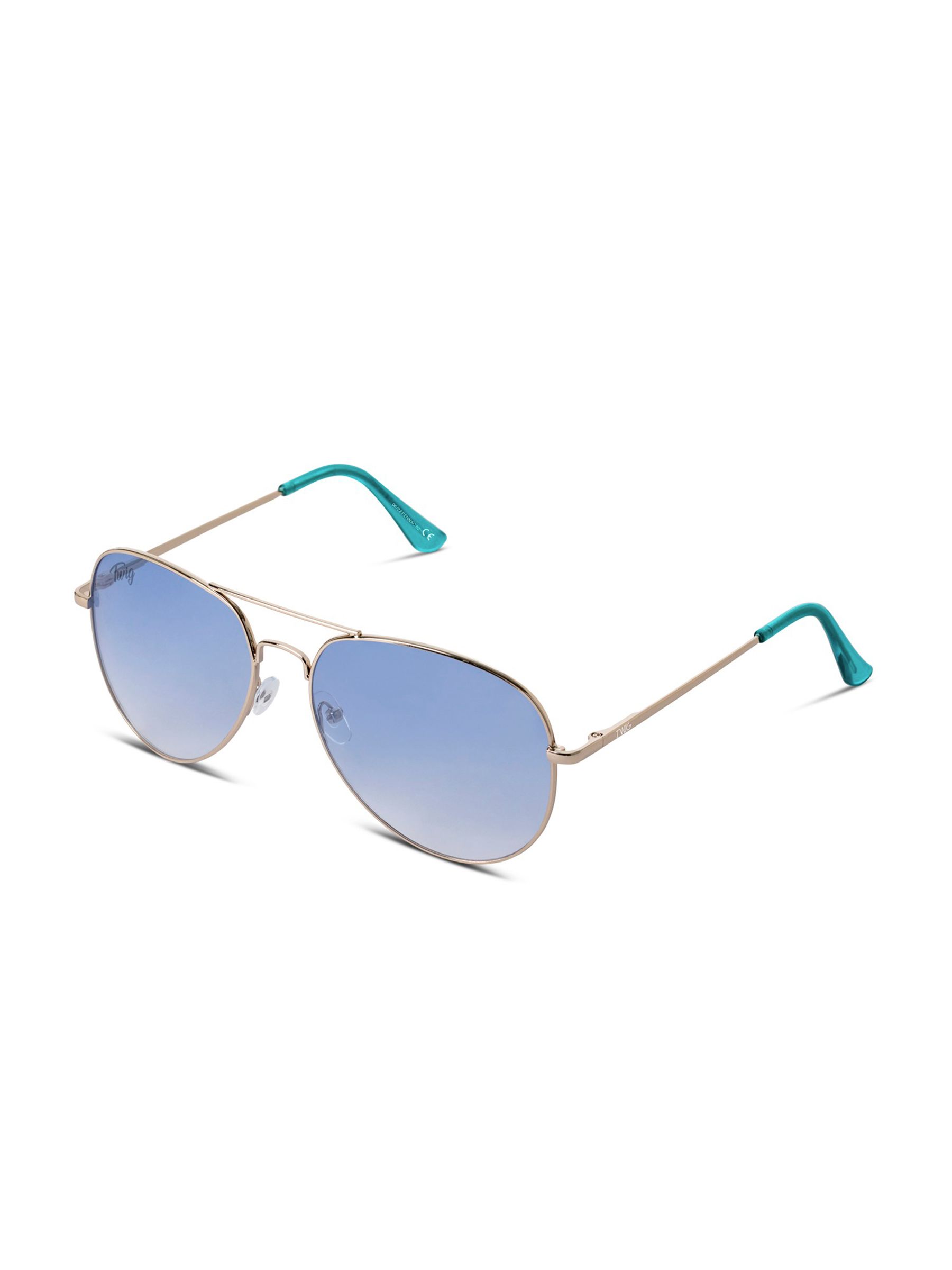 Occhiali da sole blu con montatura dorata. Terminali aste blu. Vista prospettica.